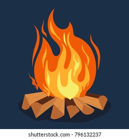 Bonfire cartoon style illustration, camping, burning woodpile, campfire or fireplace Burning on Firewood, Outdoor Tourism. Vector