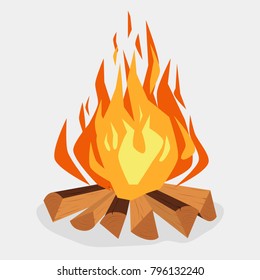 Bonfire cartoon style illustration, camping, burning woodpile, campfire or fireplace Burning on Firewood, Outdoor Tourism. Vector