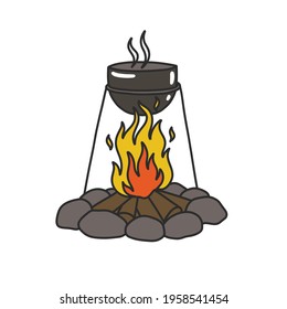 bonfire and cauldron doodle icon, vector illustration