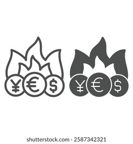 Bonfire with coins line and solid icon, world sanctions concept. Vector graphics. Yen, Euro, Dollar coin in flames sign on white background, outline style icon for mobile or web design