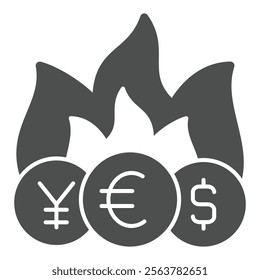 Bonfire with coins solid icon, world sanctions concept. Vector graphics. Yen, Euro, Dollar coin in flames sign on white background, glyph style icon for mobile or web design