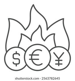 Bonfire with coins thin line icon, world sanctions concept. Vector graphics. Yen, Euro, Dollar coin in flames sign on white background, outline style icon for mobile or web design