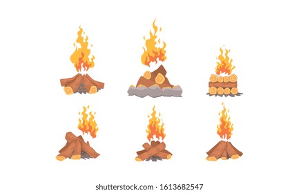 Bonfire Collection, Burning Wooden Logs, Campfire, Tourism, Summer Camping Element Vector Illustration