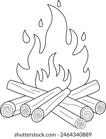 Bonfire Malseite für Kinder. Camp Outline Doodle Färbung Seite isoliert auf weißem Hintergrund. Sommer-Malbuch für Kinder 