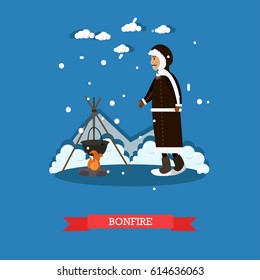 Bonfire concept vector illustration. Eskimo male cooking on the open fire flat style design element.