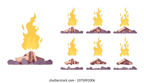 Bonfire construction set. Large fire built in open air with blazing combustion to burn leaves, garbage, as a tourist signal, hot bright stream to warm and cook. Vector flat style cartoon illustration
