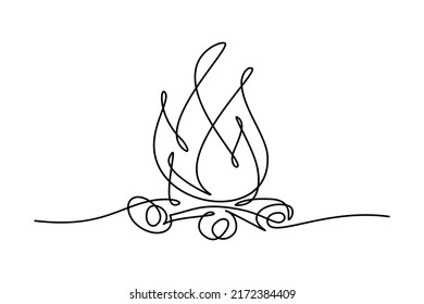 Bonfire In Continuous Line Art Drawing Style. Campfire Black Linear Sketch Isolated On White Background. Vector Illustration