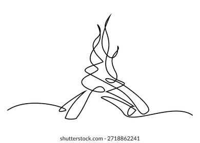Hoguera en estilo de dibujo de línea continua. Diseño lineal negro de fogata aislado sobre fondo blanco. Ilustración vectorial