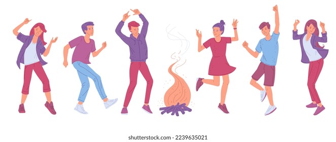 Bonfire dancing party people cartoon characters. Group of young men and women dancing around campfire, flat vector illustration isolated on white background.