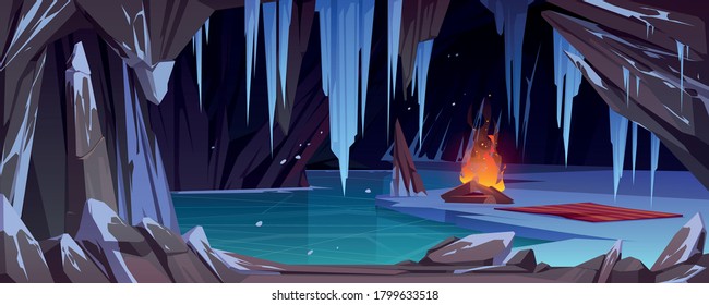 Bonfire in dark ice cave with snow, frozen water and icy crystals. Vector cartoon winter landscape with deep stone cavern in mountain, rocks, campfire and red blanket