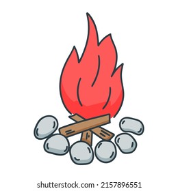 Bonfire doodle style isolated vector illustration. Camping fire for cooking and heating. Burning wood surrounded by stones clipart