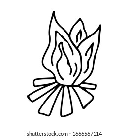 Bonfire in doodle style on an isolated white background. Travel and camping element. Stock vector illustration.