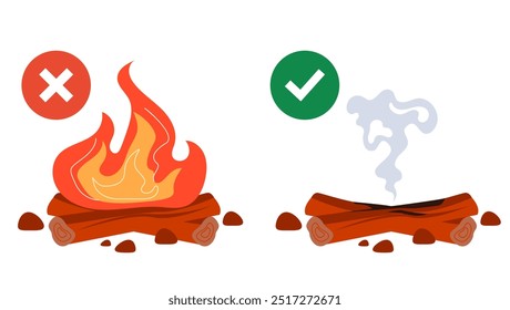 Hoguera extinta y fuego aislado concepto de conjunto. Ilustración gráfica de diseño de Vector