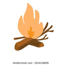 La hoguera. Llama de fuego y leña. Ilustración vectorial dibujada a mano. Camping y turismo.	