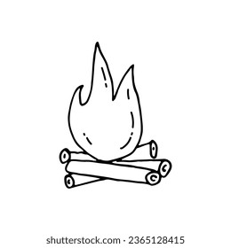 Bonfire, fire lit in the open air. Camping, travel. Doodle. Vector illustration. Hand drawn. Outline.