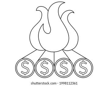 Bonfire with firewood and coins. Financial independence retire early symbol - vector linear illustration with fire for coloring or logo. Outline Metaphor. Firewood with coins on the cut - symbol, sign