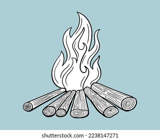 bonfire firewood flame burning, campfire hand drawn vector illustration isolated
