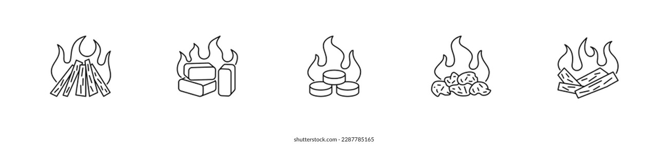 Bonfire Firewood Icon Set. Fuel briquettes, dry fuel, firewood, fire, heat, bonfire are presented.