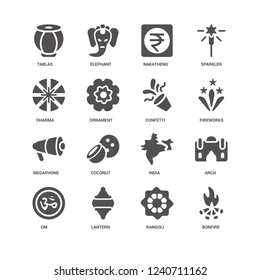 Bonfire, Fireworks, Confetti, Om, Arch, Tablas, Dharma, Megaphone, Rangoli, Lantern, Nakatheng icon 16 set EPS 10 vector format. Icons optimized for both large and small resolutions.