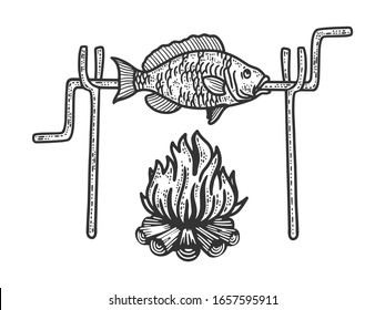 Bonfire fish sketch engraving vector illustration. T-shirt apparel print design. Scratch board imitation. Black and white hand drawn image.