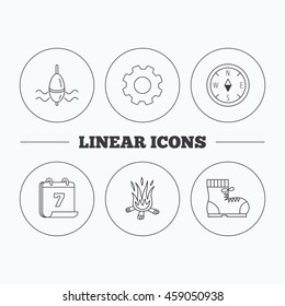 Bonfire, fishing float and hiking boots icons. Compass linear sign. Flat cogwheel and calendar symbols. Linear icons in circle buttons. Vector