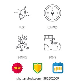 Bonfire, fishing float and hiking boots icons. Compass linear sign. Shield protection, calendar and new tag web icons. Vector