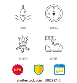 Bonfire, fishing float and hiking boots icons. Compass linear sign. Shield protection, calendar and new tag web icons. Vector
