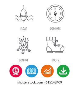 Bonfire, fishing float and hiking boots icons. Compass linear sign. Award medal, growth chart and opened book web icons. Download arrow. Vector