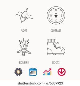 Bonfire, fishing float and hiking boots icons. Compass linear sign. Calendar, Graph chart and Cogwheel signs. Download colored web icon. Vector