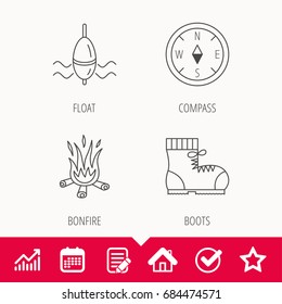 Bonfire, fishing float and hiking boots icons. Compass linear sign. Edit document, Calendar and Graph chart signs. Star, Check and House web icons. Vector