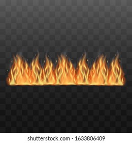 Bonfire flame burning line decorative element 3d realistic vector illustration isolated on transparent background. Straight row of fire the symbol of danger and energy.