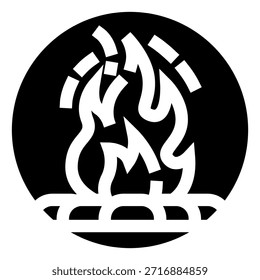Icono de llama de hoguera con llamas blancas estilizadas que se elevan de troncos en llamas dentro de un fondo circular negro sólido, que representa calor, energía y calor