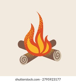 Bonfire flat vector illustration, cartoon campfire with burning logs and textured bright orange flame isolated on beige background, outdoor camping adventure fire icon for graphic design