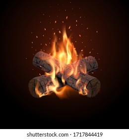 A bonfire with flying sparks on a dark background. Burning Wood.3D.Realistic vector illustration.