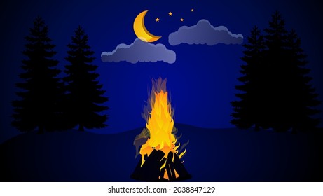 Bonfire in the forest with fir trees and accompanied by the crescent moon, stars and clouds