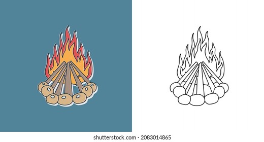 Bonfire or forest fire. Camping logo. Travel and trips symbol. Hiking element for print. Sticker, doodle pin, patch.