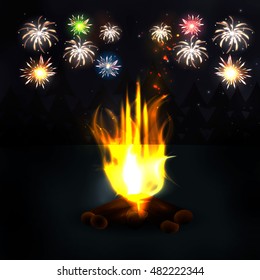 Bonfire in the forest. Fireworks lighting up the sky behind forest