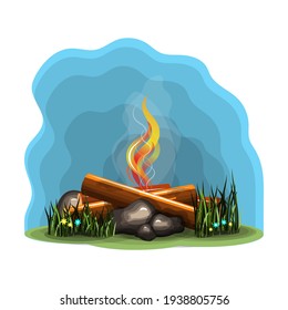 Bonfire in a forest glade with grass, flowers and boulders. Vector illustration