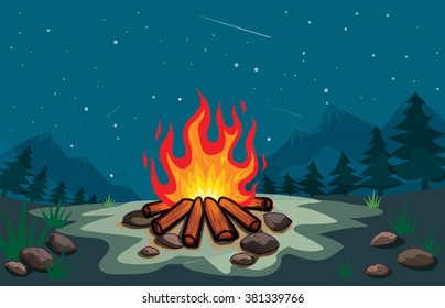 Bonfire In The Forest At Night Cartoon Vector