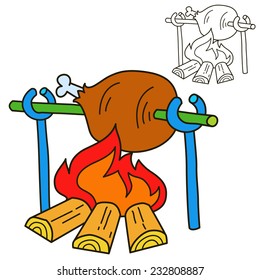 Bonfire with grilled beef. Coloring book page. Cartoon vector illustration.