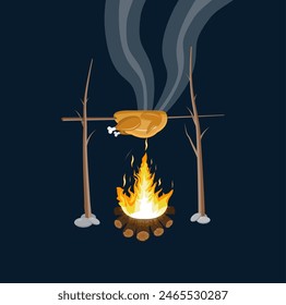 Bonfire with grilled chicken. Logs and fire. Camping, burning woodpile in night. Vector illustration in flat style