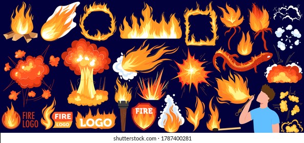 Bonfire, hot flame of fire vector illustration set. Cartoon flat red flamed effect collection with fireball explosion, smoked bbq or campfire fireplace, magic firestorm, burning match or torch design