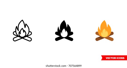 Bonfire icon of 3 types: color, black and white, outline. Isolated vector sign symbol.