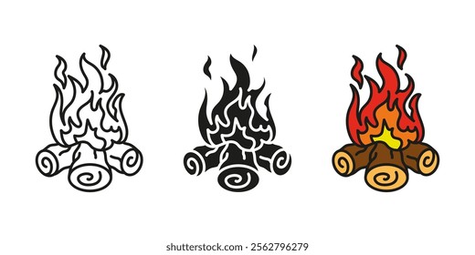 Bonfire icon. Campfire vector illustration. Fire flame symbol. Camping fireplace sign. Burning firewood. Blazing log pictogram. Camp fire heat and warmth. Fiery flames silhouette. Hiking concept.