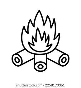 Bonfire-Symbol. Überquerte Stämme und Feuer-Flammen. Piktogramm einzeln auf weißem Hintergrund. Vektorgrafik.