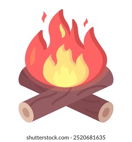 Hoguera, fuego, quemadura, fogata, llama, caliente, campamento, naturaleza, madera, al aire libre. Ilustración de icono de Vector