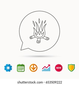 Bonfire icon. Fire sign. Calendar, Graph chart and Cogwheel signs. Download and Shield web icons. Vector