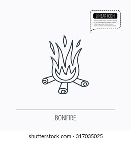 Bonfire icon. Fire sign. Linear outline icon. Speech bubble of dotted line. Vector