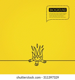 Bonfire icon. Fire sign. Speech bubble of dotted line. Orange background. Vector