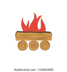 Bonfire icon isolated. Cartoon minimal style. Base camp fire wood logs burning in flame isolated on white. Outdoor campsite sign. Outdoor fire emblem. Vector template for camping banner background